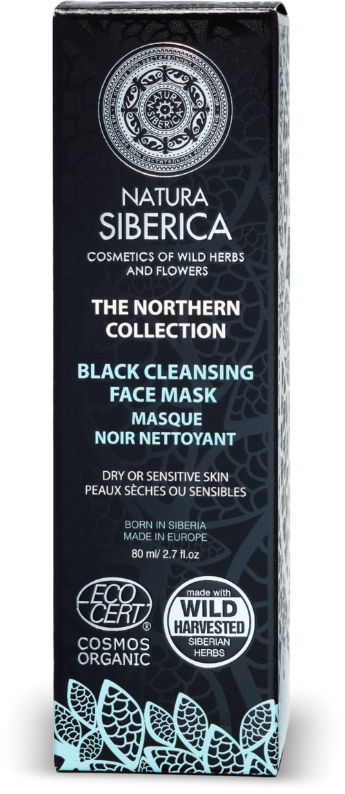 En sort ansigtsmaskeæske med sølv, hvid og blå tekst, og bladdesign nederst. Den promoverer en rensende maske til sensitiv hud.