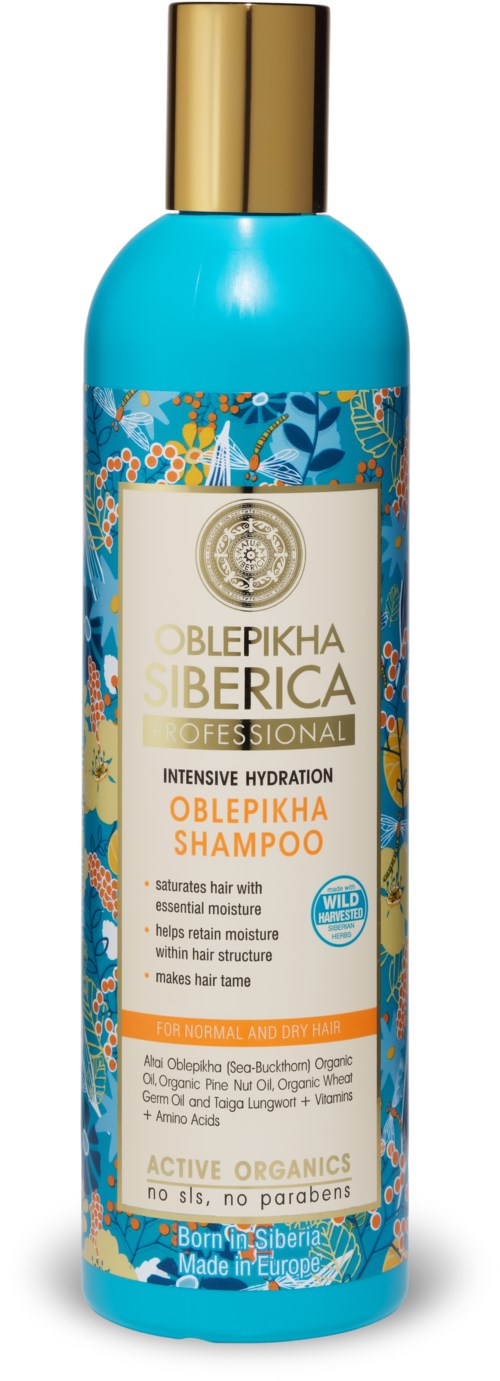 Sininen pullo kultauksella ja värikkäällä etiketillä sibirian oblepikha-shampoolle.