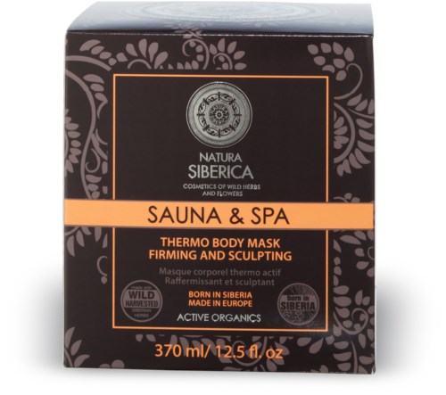 En svart eske med oransje og hvit tekst som viser en badstue- og spa-kroppsmask for fasthet og forming.