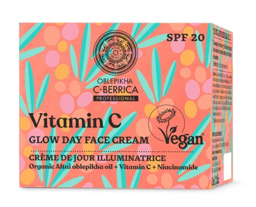Färgglad box med blad, prickar och text om en vegansk vitamin C ansiktskräm med SPF 20.