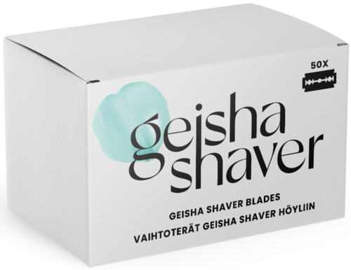 En hvid æske med Geisha barberblad, logo og tekst på flere sprog, og en 50X-symbolet.