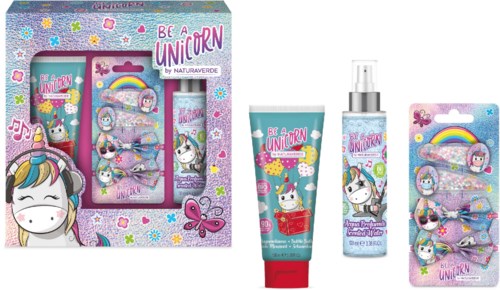 Unicorn-themed gift set with hand cream, spray, and hair accessories featuring rainbows and unicorn characters.