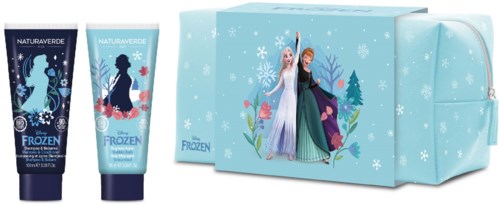 Skönhets-presentset med två tuber av handkräm med Frost-figurer och en blå förvaringsväska med issymboler.