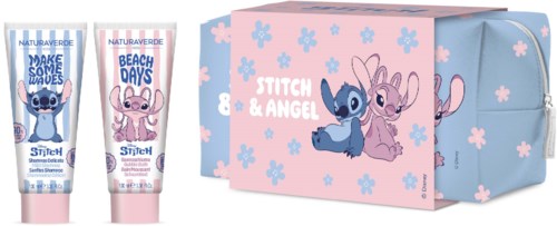 Två hudvårdsrör med Stitch och Angel från Disney, och en rosa och blå väska med Stitch och Angel.