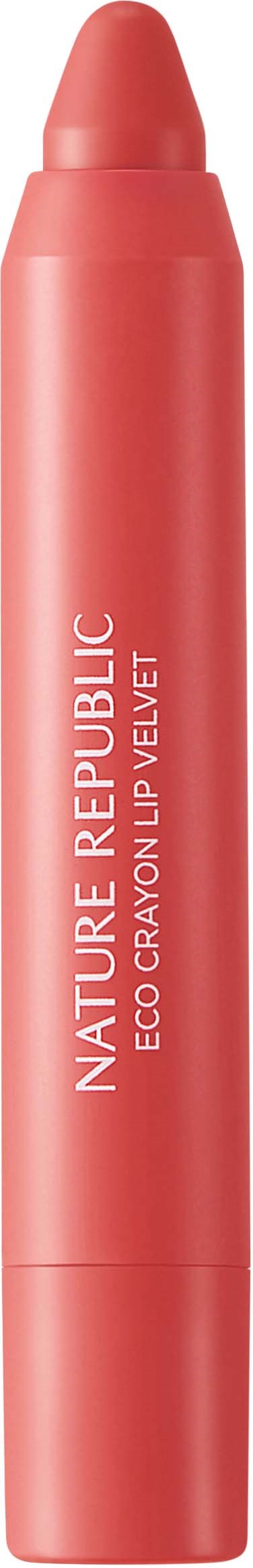 Koralli-korostekynä, jossa on valkoinen teksti 'Nature Republic Eco Crayon Lip Velvet'.