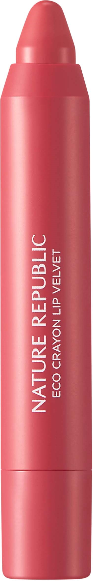 Pinkki ympäristöystävällinen huulipuna, jossa on korkki, merkinnällä 'Nature Republic Eco Crayon Lip Velvet', seisoo pystyssä.