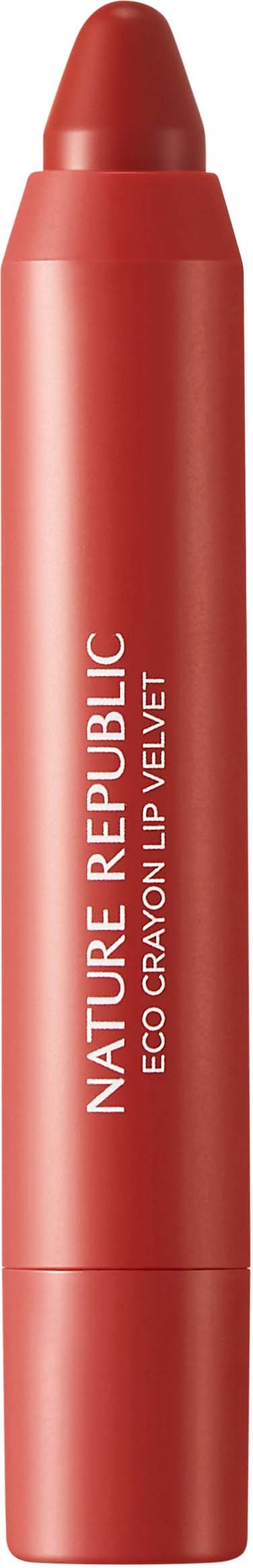 Koralli-värinen, kynän muotoinen huulituote, jossa lukee 'NATURE REPUBLIC ECO CRAYON LIP VELVET'.