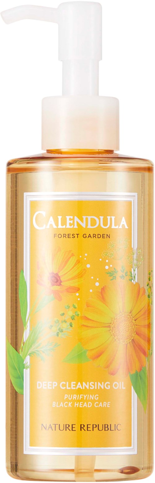 En klar flaske med Calendula Deep Cleansing Oil med pumpe, etikett med blomster og grønne blader.