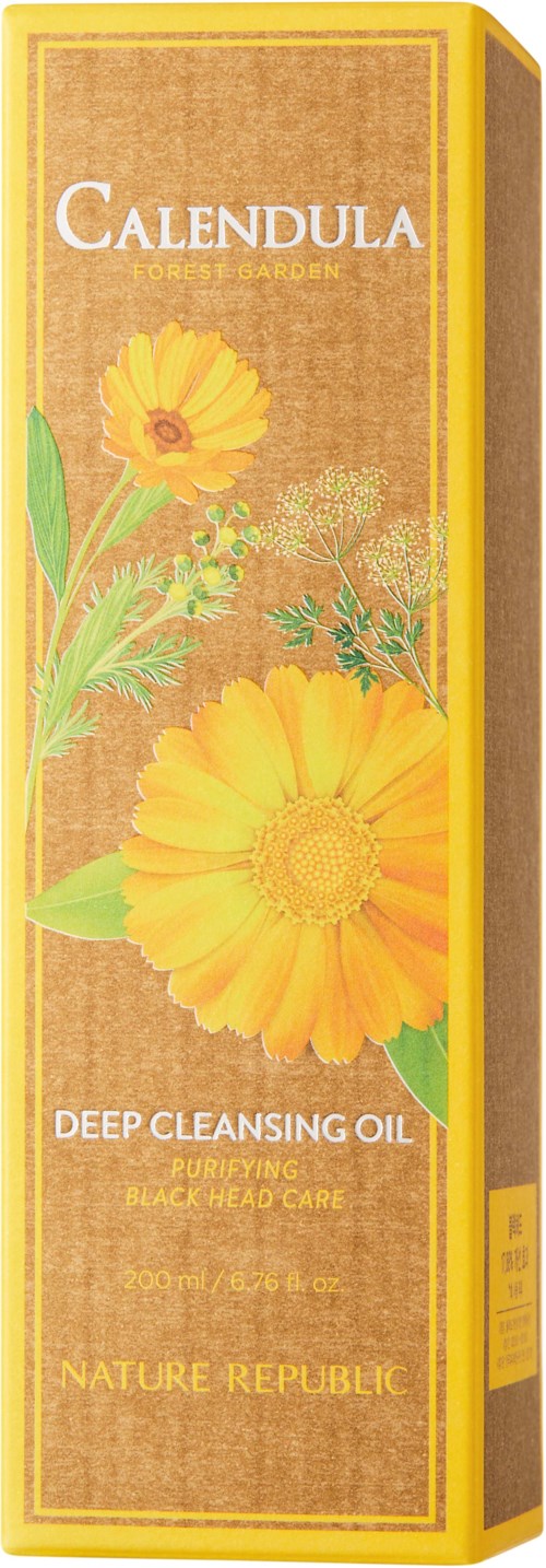 En eske med Calendula dyp-rensende olje med gule blomster og grønne blader. Esken er gul og brun.