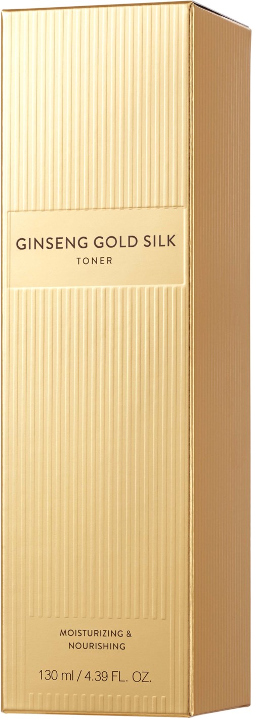 A tall, gold-colored box with vertical ridges, labeled "Ginseng Gold Silk Toner" and notes about moisturizing and nourishing.