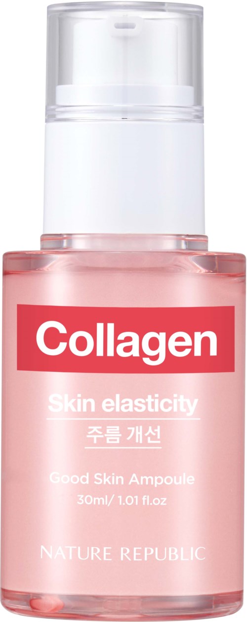 En liten rosa flaska märkt 'Collagen' främjar hudens elasticitet. Den innehåller 30 ml serum av Nature Republic.