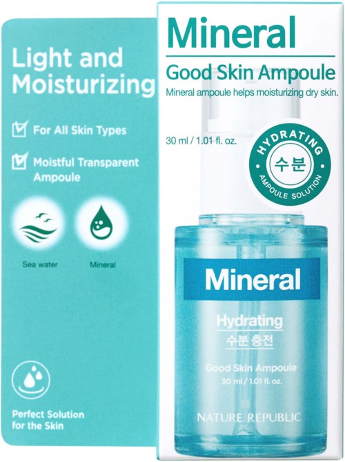A skincare product box for a light, moisturizing ampoule with sea water and minerals, suitable for all skin types.