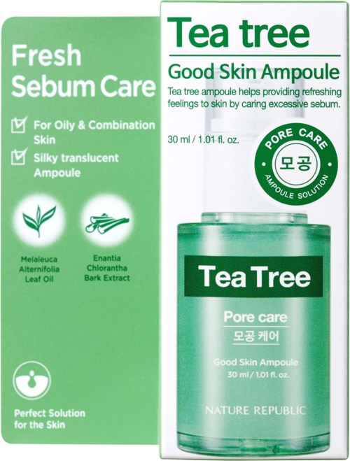 A box and bottle of Tea Tree Good Skin Ampoule for oily skin, with natural ingredients like tea tree, melaleuca, and bark extract.