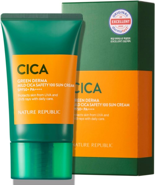 A green and orange tube of sun cream with a matching box, labeled 'CICA' and mentioning UV protection.
