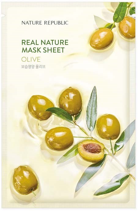 Green olives with leaves are displayed on a creamy background, suggesting a natural, fresh product for skincare or beauty.