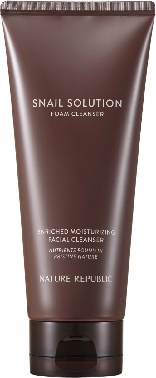 A brown tube of facial cleanser labeled 'Snail Solution Foam Cleanser' from Nature Republic, with moisturizing and nutrient benefits.