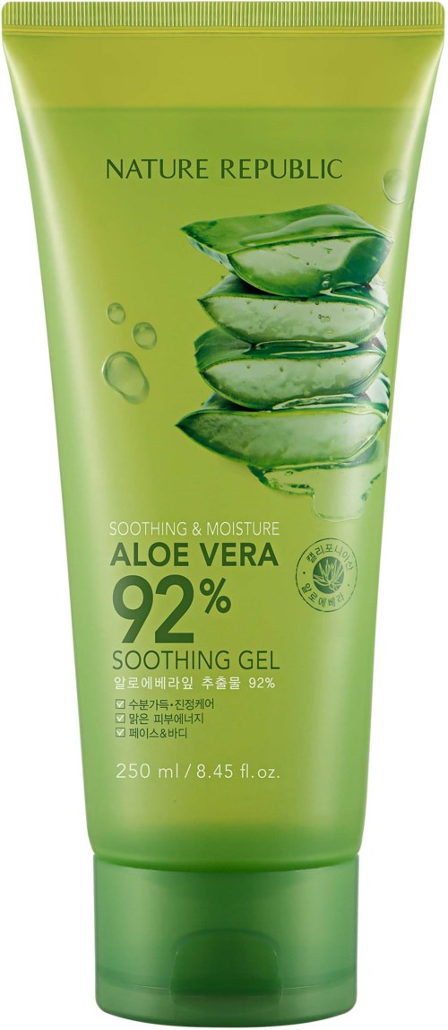 Grüne Tube mit Aloe Vera beruhigendes Gel mit Bildern von Aloe Blättern, Text über 92% Aloe Vera, Marke Nature Republic.