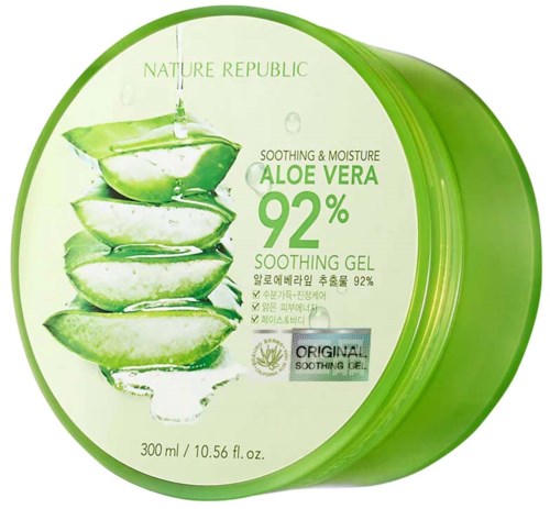 Green round container of aloe vera soothing gel, contains 92% aloe vera, 300ml, with aloe image and product details.