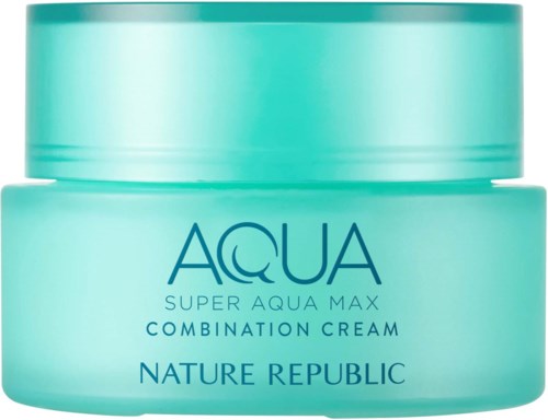 A light blue jar of face cream from Nature Republic labeled 'Acqua Super Aqua Max.'