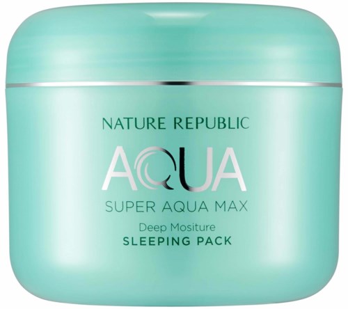 En ljusgrön burk med silverlinjer, märkt 'Nature Republic Aqua Super Aqua Max Deep Moisture Sleeping Pack.'