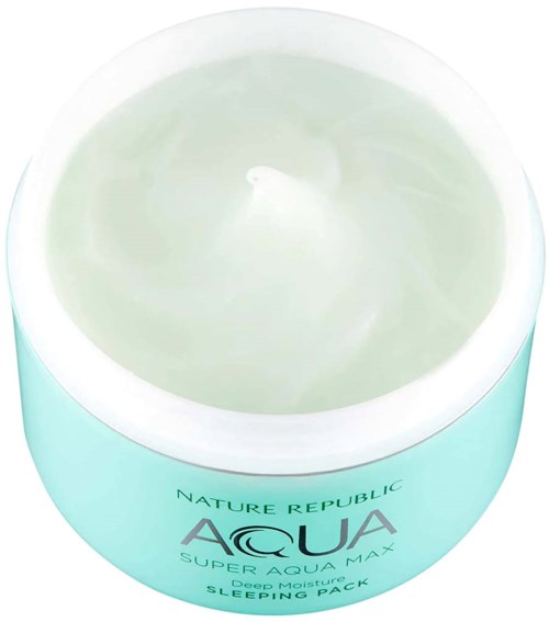 Ett ljusblått ljuslykta med vit lock, märkt 'Nature Republic Aqua Super Aqua Max.'