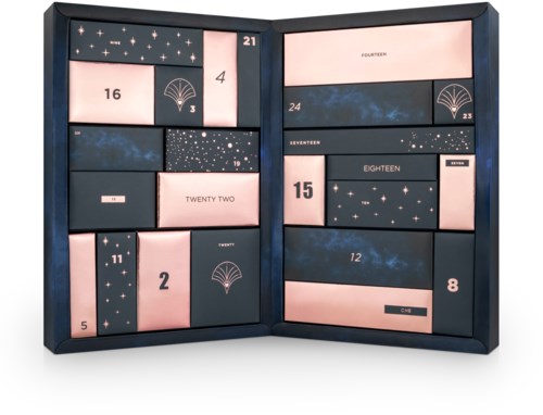 Een roze en donkerblauwe adventskalender met genummerde vakjes van 1 tot 24, sommige vakjes met sterren en waaier-symbolen.