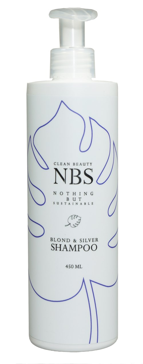 En hvit sjampo flaske med blå blader og flammer, merket som NBS Blond & Silver Shampoo, 450ml.
