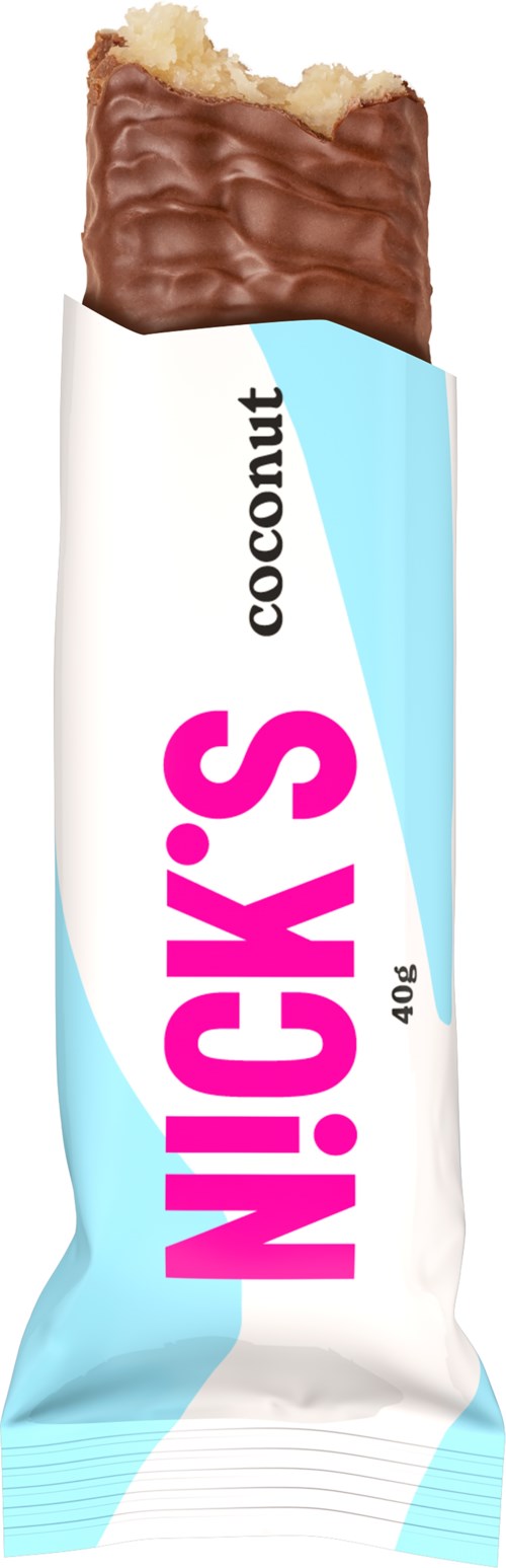 A coconut-flavored protein or snack bar in blue and white wrapping with pink text reading "Nicks".