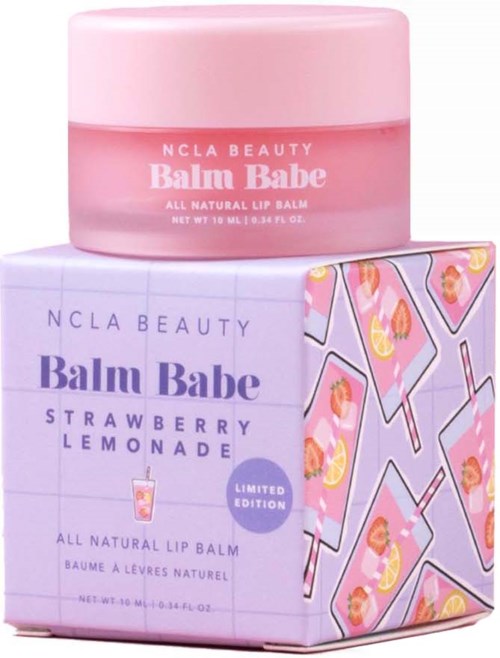 A pink lip balm jar named 'Balm Babe' on a colorful box with drink illustrations and lemon slices.