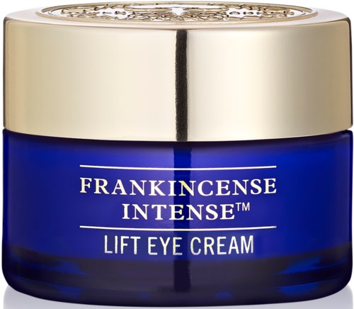 Ett blått glas med guldkapsel, märkt Frankincense Intense Lift Eye Cream, för vård av huden runt ögonen.