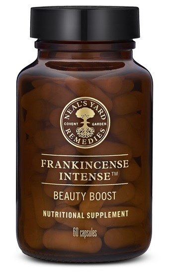 En brun glasskapselmerke kalt 'Frankincense Intense' med 60 kapsler for skjønnhet og helsefremming.
