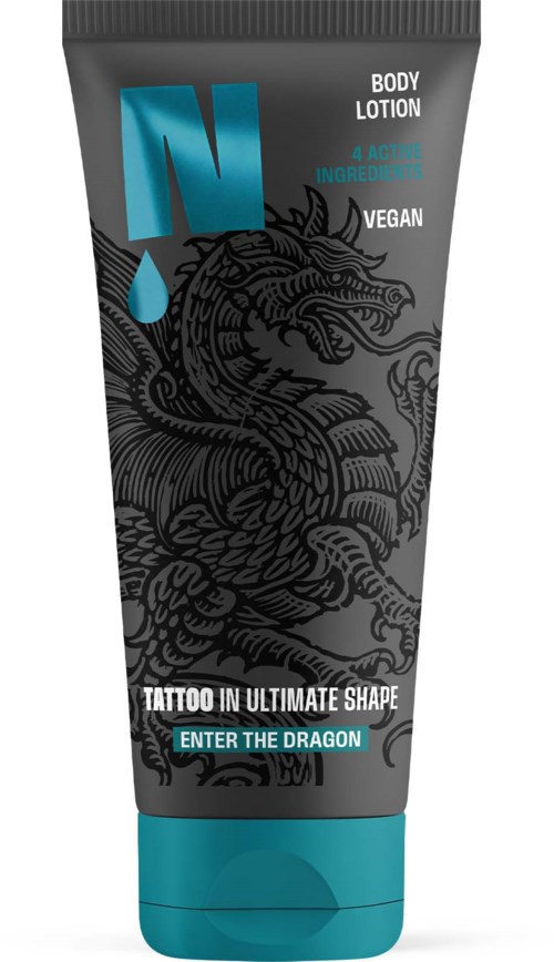 Vegan body lotion with a dragon illustration and blue accents, labeled for shaping and muscle enhancement, branded as Enter the Dragon.