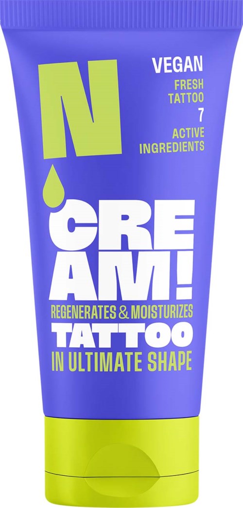 Tube of cream with purple and green packaging, promoting tattoo regeneration and moisturization.