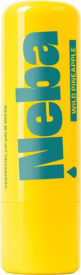 A yellow tube of Nivea lip balm with blue logo and green label showing wild pineapple scent.