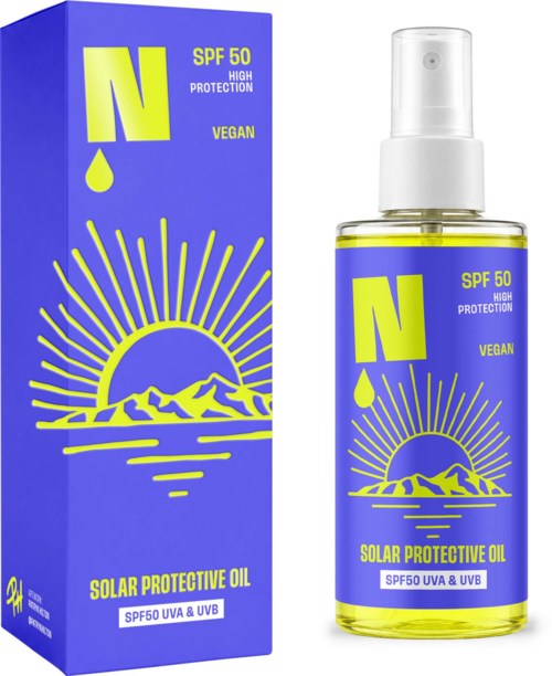 Bright yellow and purple packaging for vegan solar protective oil with SPF 50, UV protection, and sun illustration.