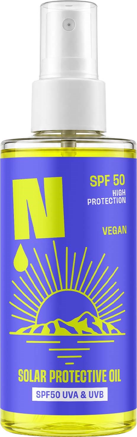 Solar protective oil in a clear spray bottle with a bright blue and yellow label, SPF 50 high protection, vegan.