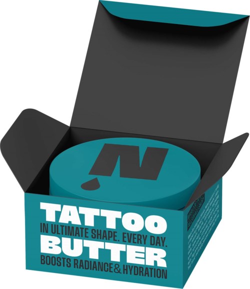Tattoo butter in a round turquoise container inside a teal and black box.