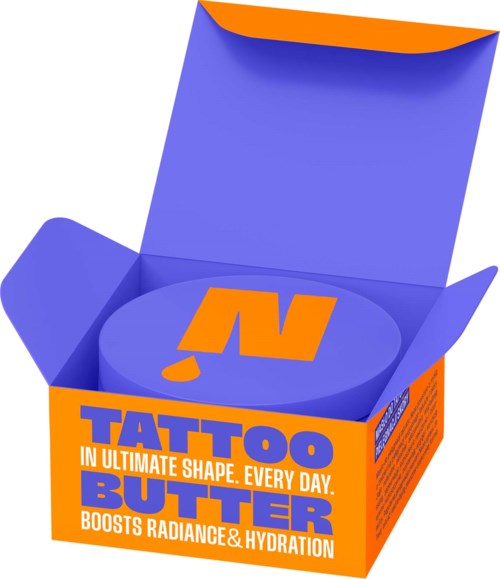 A box of tattoo butter with orange and purple packaging, showing the product label and open lid.