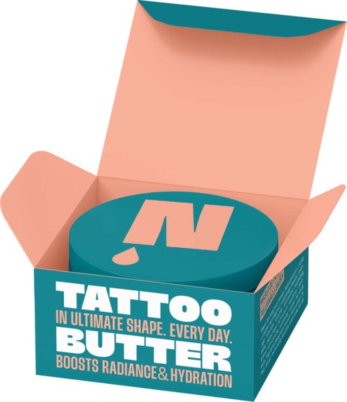 A container of tattoo butter with a blue lid inside a box, featuring bold white and blue text.