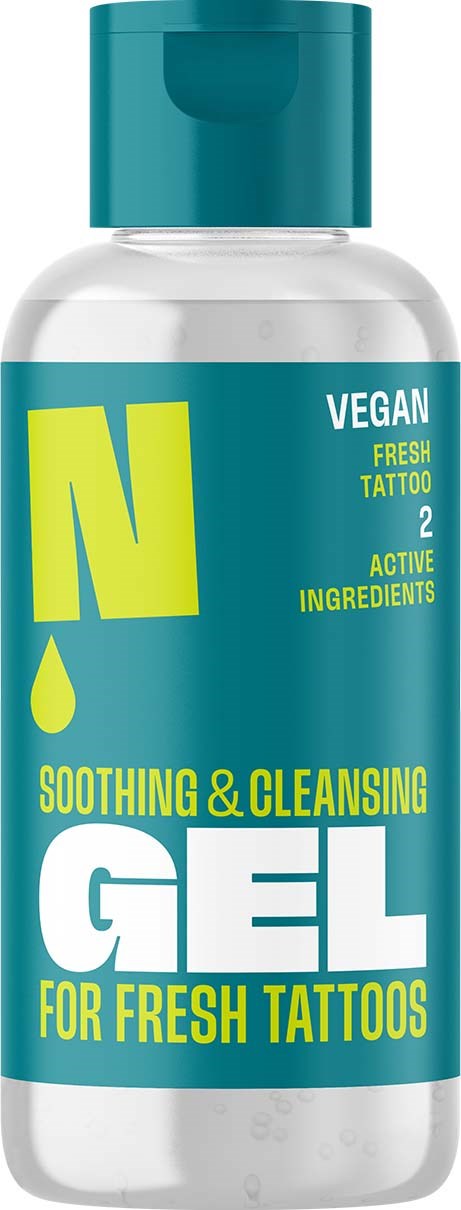 Vegan soothing and cleansing gel for fresh tattoos with active ingredients in turquoise and yellow packaging.