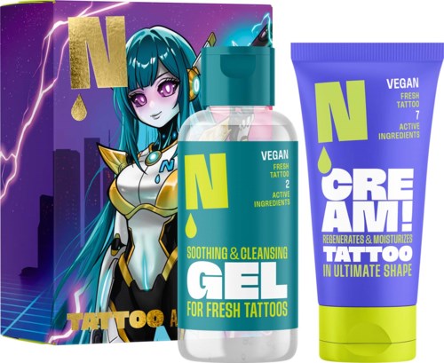 Vegan tattoo care set with soothing gel and tattoo cream, featuring a colorful animated character on the packaging.
