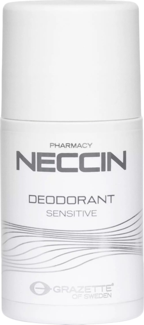 Een witte deodorant spraybus met Neccin Sensitive, gemaakt door Gazette uit Zweden.