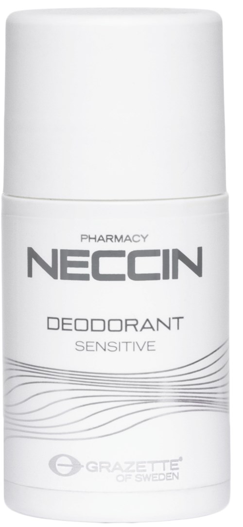 En hvid rullende deodorant med grå tekst: "NECCIN DEODORANT SENSITIVE" af Grazzette of Sweden.
