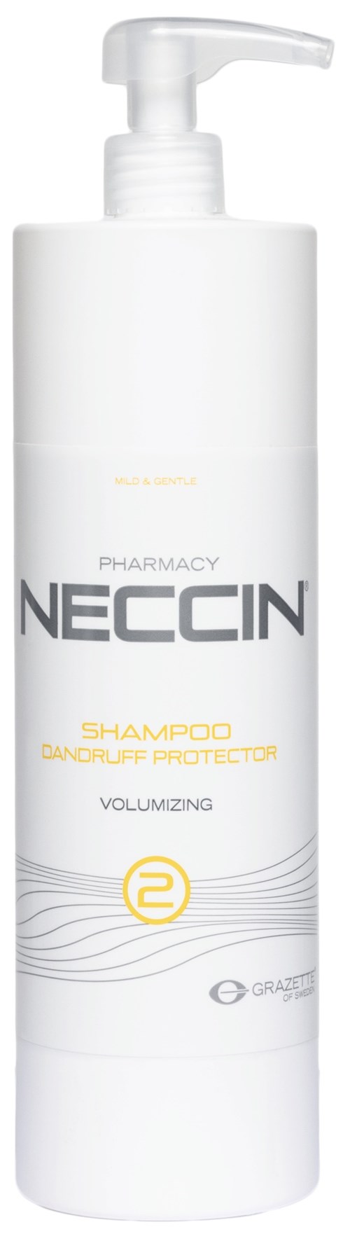 Eine weiße Shampoo-Flasche mit Pumpkopf, Beschriftung NECCIN Pharmacy, für Volumen und Kopfhautpflege.