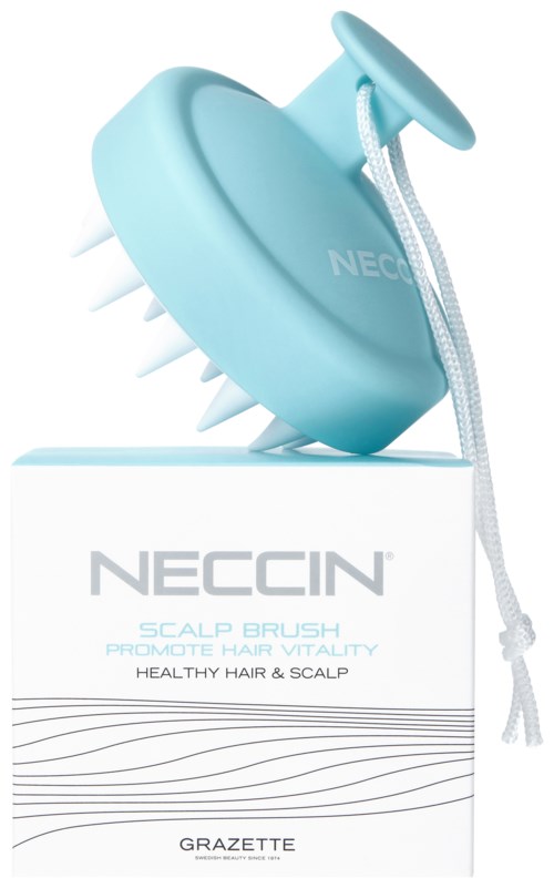 A blue scalp brush with a handle, placed on top of its white box with the brand name 'NECCIN'.
