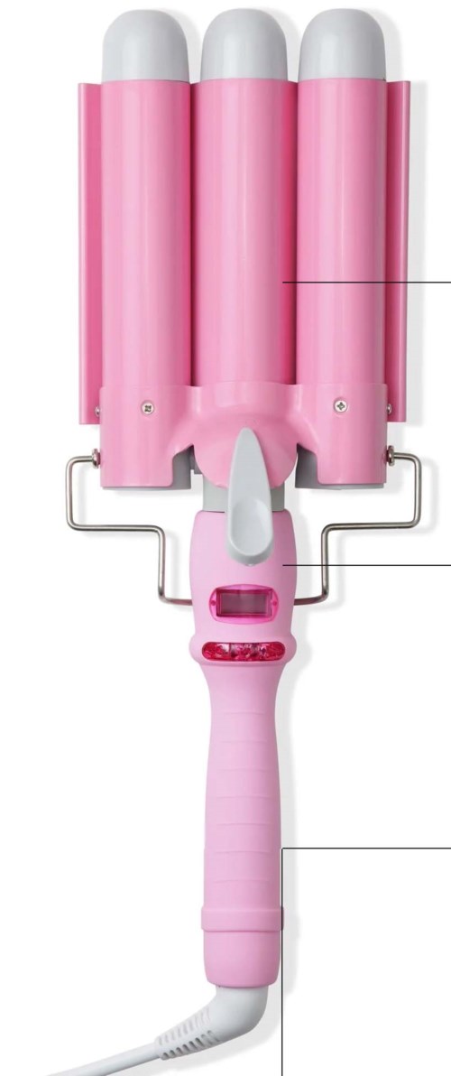 A hair roller with a pink handle and three pink rollers used for styling hair.