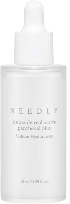 A white skincare bottle with a dropper cap, labeled 'NEEDLY Ampoule real active panthenol plus.'