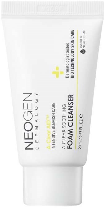 En vit tub med Neogen Dermalogy-ansiktsrengöringsskum för akne och blemmor med text och en logotyp.
