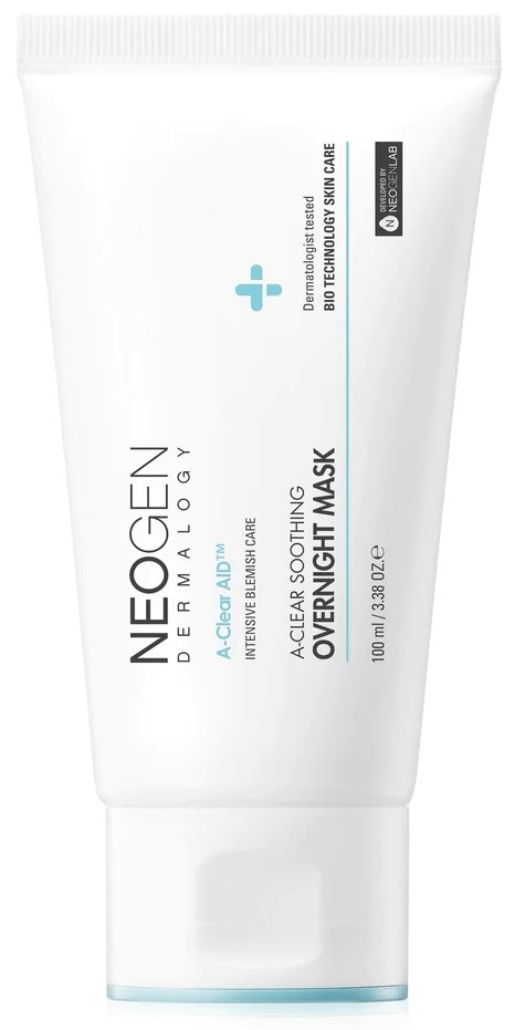 A white tube of Neogen Dermatology overnight masking cream, featuring blue text and a simple design.