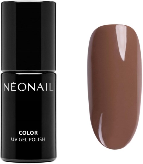 Musta kynsilakka-pullo, jonka päällä lakan nimi 'NEONAIL' ja ruskea värinäyte.